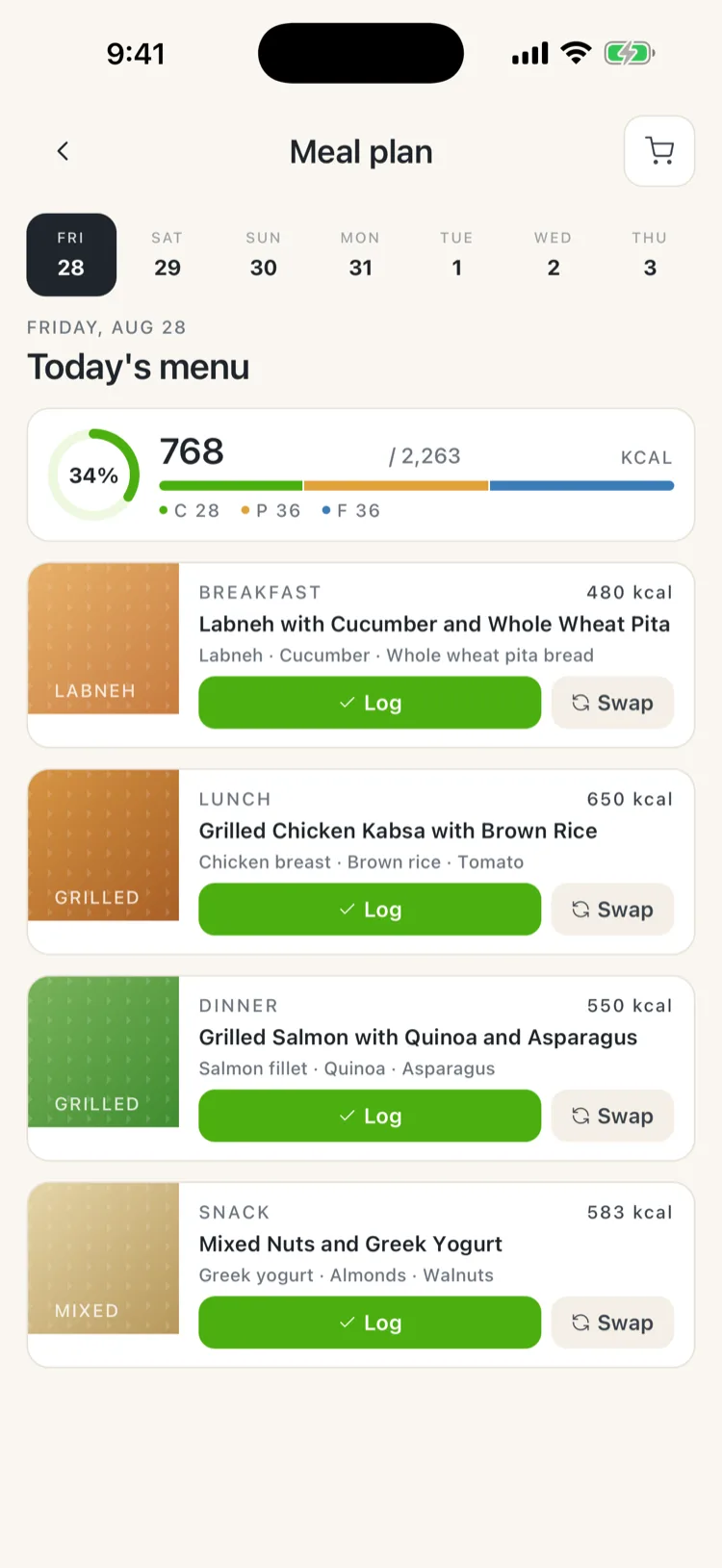 A day's menu in FitFatta with one-tap Log and Swap buttons on every meal