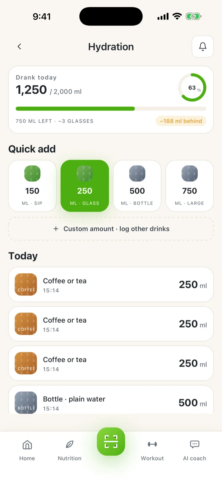 FitFatta hydration tracking: progress ring, quick-add sizes, and today's drink log
